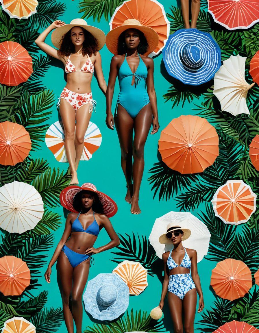 A vibrant beach scene featuring stylish swimwear made from eco-friendly materials, with models of diverse backgrounds happily playing in the waves. Include colorful beach accessories, sustainable elements like seashells and coral, and a backdrop of lush greenery to signify nature's beauty. The overall feel should radiate positivity and conscious fashion choices for the modern swimmer. vibrant colors. super-realistic. bright sunlit beach.
